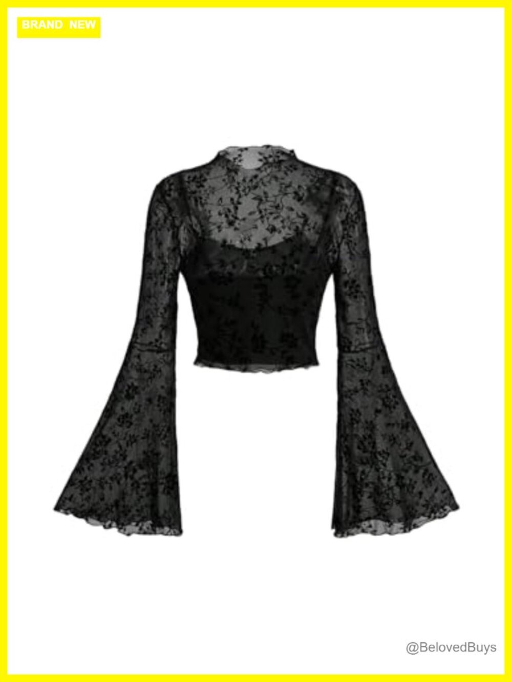 Gothic Mesh Bell Sleeve Crop Top Floral Slim Fit Long Sleeve